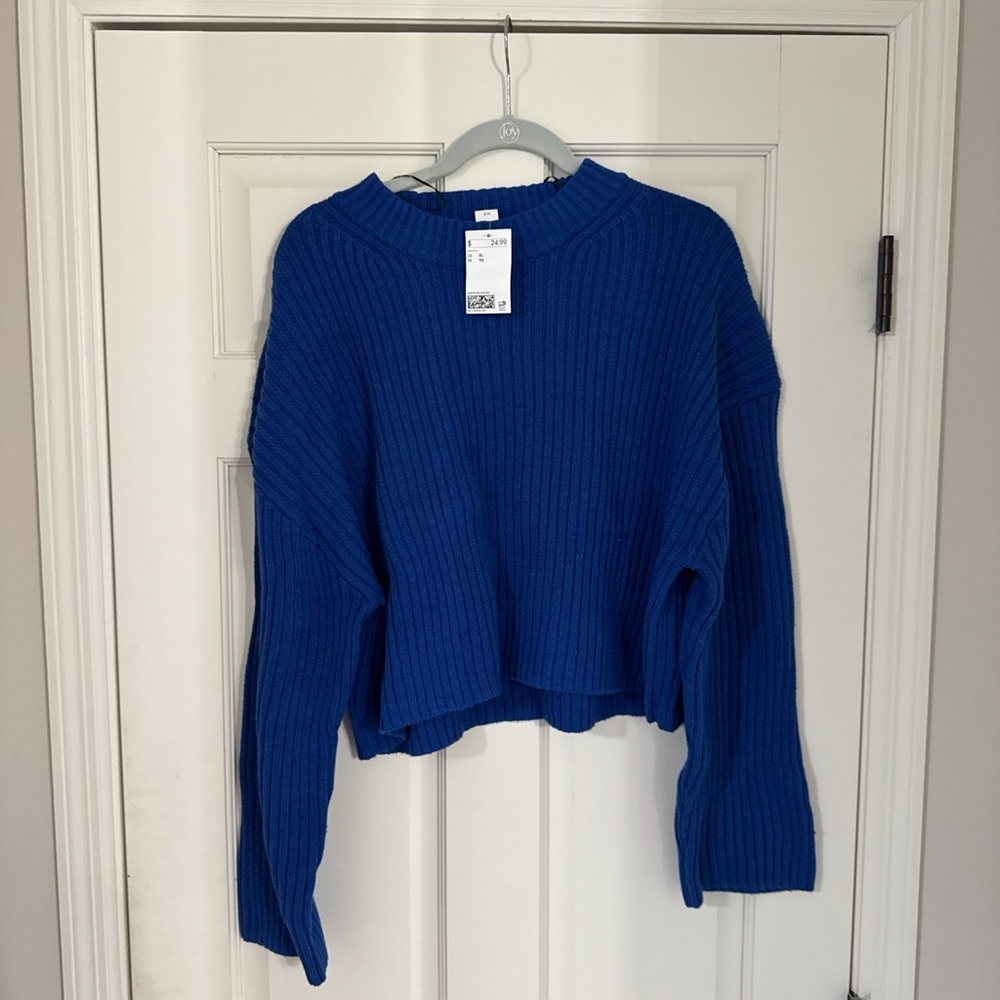Blue Ribbed Knit Sweater